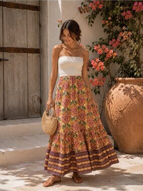 Cara Cara Printed Tiered Maxi Skirt Large Boho Resort Skirt